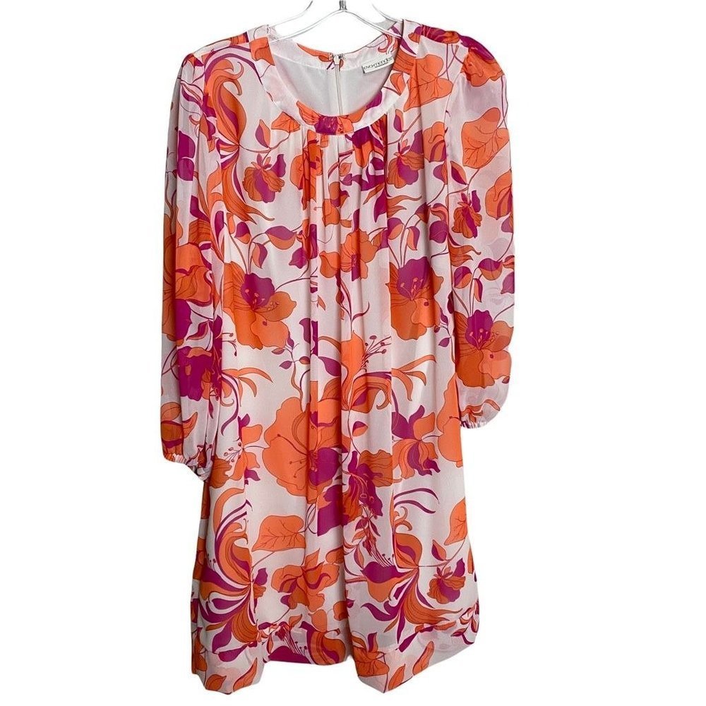 NY&C Womens Eva Mendes Sabrina Shift Dress Orange Floral Zip 3/4 Sleeve M New